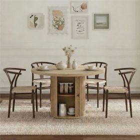 4-piece set of walnut color woven dining chairs, including a 47.2-inch round Roman column table with storage function