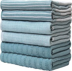 Premium Kitchen Towels (20'x 28', 6 Pack) | Large Cotton Dish Towels | Flat & Terry Highly Absorbent Kitchen Linen Set with Hanging Loop | Aqua