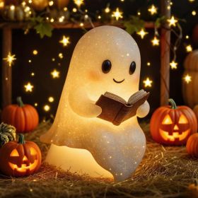 Cute Ghost Reading Book Lamp Halloween Gifts Light Up Ghost Statue Night Light Ghost Warm Lighted Indoor Figurine House Mantel Decor for Home Par