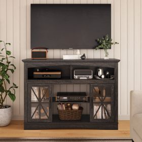 47'' Farmhouse TV Stand with Adjustable Shelves, Retro TV Console with Glass Doors & LED Lights