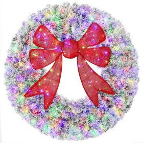 60in Flocked Pre-Lit Christmas Wreath with 3D Red Bow, 11 Lighting Modes, Front Door Christmas Wreath with Remote