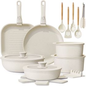22 Piece Pots and Pans Set Non Stick, Cookware Set with Detachable Handles, Oven Safe, Induction Ready, Stackable RV Kitchen Cooking Set, Cream W