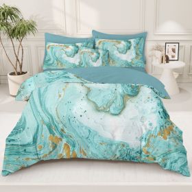 8 pcs Teal and Gold Marble Comforter Set, Turquoise Watercolor Marbling Bedding Set, Modern Abstract Swirl Bedspread with Pillowcases