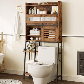 Over The Toilet Storage with Cabinet, Sliding Barn Door, Side Storage Open Rack, Mass-Storage Over Toilet Bathroom Organizer for Bathroom, Restro