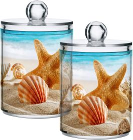 2 Pack  Holder Dispenser for Cotton Ball Beach Starfish Ocean 2 Cotton Swab Round Pads Clear Plastic Acrylic Jar Set Bathroom Canister