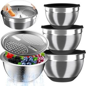 Mixing Bowls with Airtight Lids, Stainless Steel Mixing Bowl Set with 3 Metal Nesting Bowls, Colander & Grater, Non-Slip Bottoms, Size 1.5, 2.5,