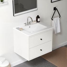 24'' Bathroom Vanity with Sink, Floating Bathroom Vanity Sink Cabinet with 2 Fluted Drawers, Wall Mounted Bathroom Storage Cabinet with Sink Comb
