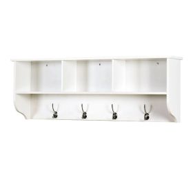 White Entryway Wall Mounted Coat Rack With 4 Dual Hooks Living Room Wooden Storage Shelf (Option: Defaulttitle)