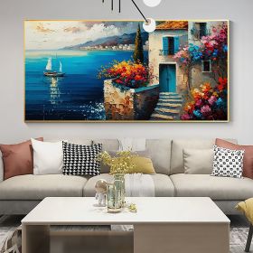 Hand Painted Oil Painting Original Seaside Seascape Oil Painting On Canvas Large Wall Art Abstract Blue Building Ocean Art Painting Custom Living (Style: 01, size: 75x150cm)